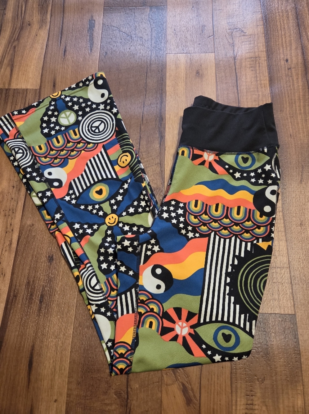 Pop Fit Retro Psychedelic Pattern Flare Leggings With Pockets. Sz L - Picture 5 of 6